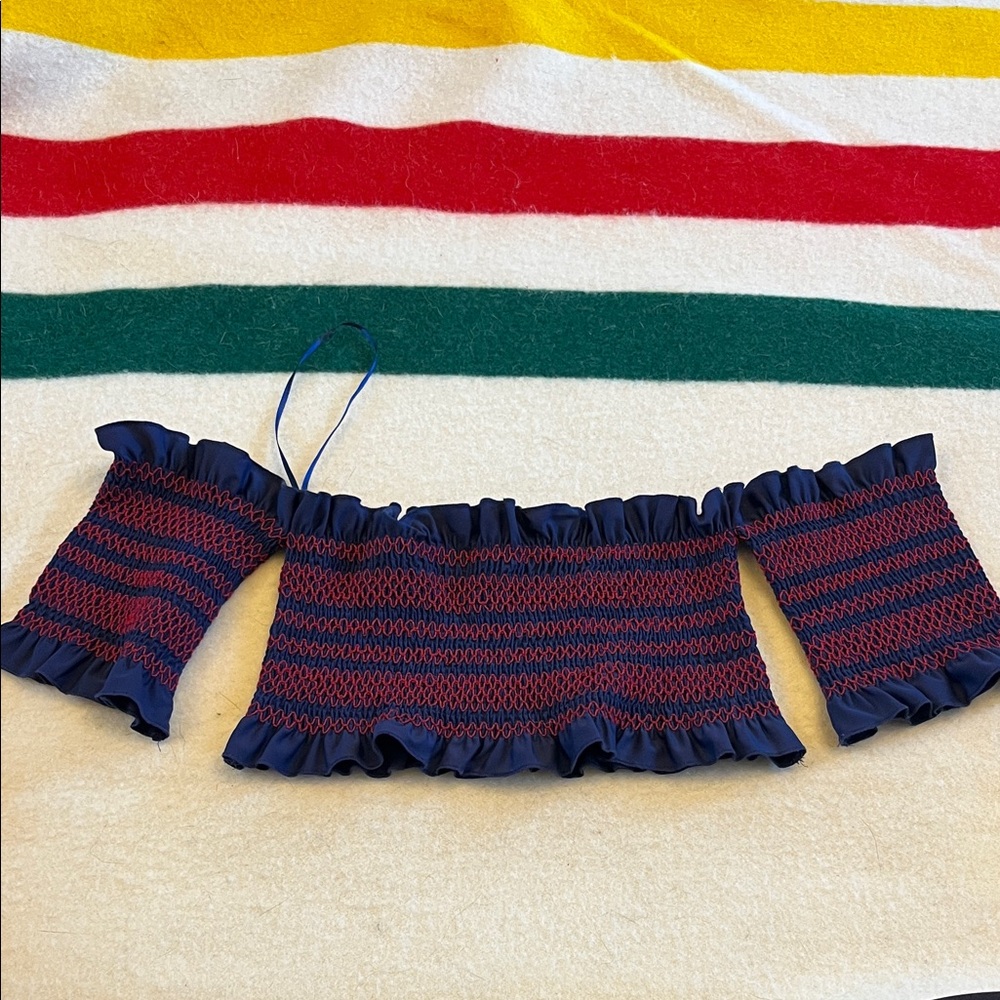 Navy Blue and Red Ruffle Off-Shoulder Crop Top